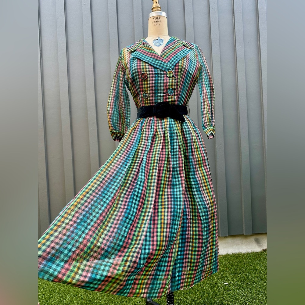 NWT Deadstock Vintage 1950s Betty Barclay Rainbow Plaid Silk Dress- size S